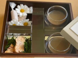 Wild sesame caramel, Almond chips, and cold Kombucha  at Forest Kitchen 포리스트 키친 in Seoul