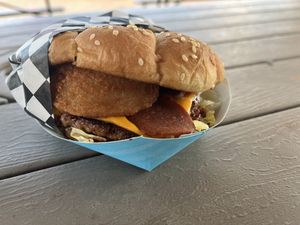 BBQ bacon cheeseburger with onion rings   at Tabay's Mindful Kitchen in Kahului