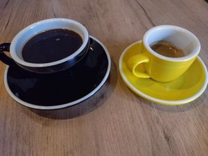 Americano and espresso (oat milk heated in shot glass) at The Golden Stack in Cordoba