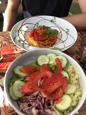 spaghetti napoli, mixed salad  at Prego in Portoroz