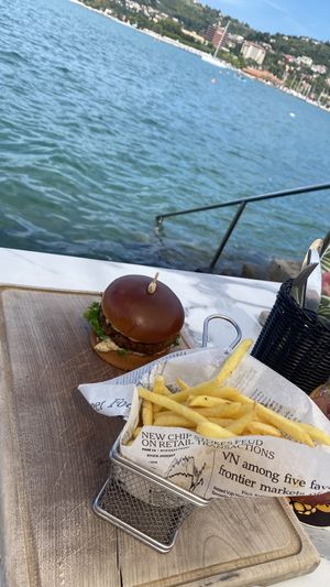Vegan burger with oat patty and hummus   at Takamaka in Piran