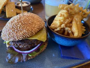 Beyond burger with waffle fries  at The Selkie  in Tullaghan
