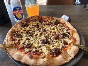 Vegan pizza with date pesto 👌  at Black Crust Pizzeria in Vik