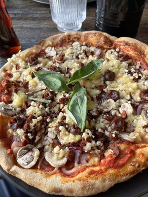 Vegan pizza   at Black Crust Pizzeria in Vik