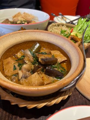 Claypot Eggplant
Cà Tím Tay Câm 95
Sautéed eggplant & straw mushrooms simmered in coconut juice.
 at Shamballa Vegetarian Bistro HoiAn in Hoi An