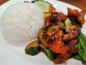 Sweet and sour monkey head mushroom with rice at Vegetarian Villas 素雅轩 in West Singapore