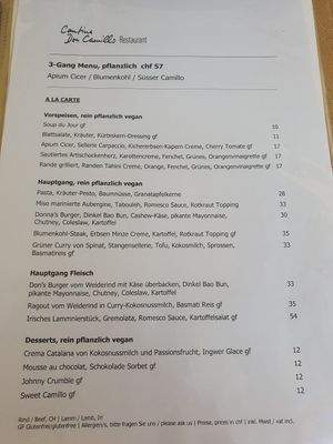Menu at Cantina don Camillo in Basel