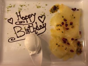 Ananas cappacio with coconut ice cream at Cantina don Camillo in Basel