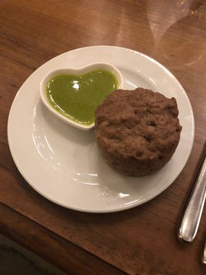 Gluten free bread!! With a crazy green vinegar sauce  at Cantina don Camillo in Basel