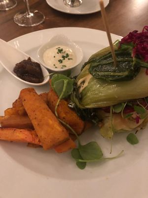 Veggie burger, cashew cheese, spicy mayo, sweet potato wedges (burger had veg bun to make it gluten free!) at Cantina don Camillo in Basel