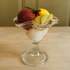 Cherry-, Mango- and Lemon-Sorbet with fresh fruits. at Acero - Eiscafé und Bistro in Basel