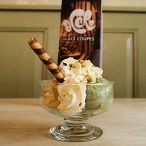 Vegan nutty ice cream composition with ginger-limoncello-sauce at Acero - Eiscafé und Bistro in Basel