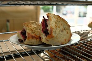 Focaccia-Sandwich with beetroot-cashew-pesto and spicy Seitan and mint. vegan. at Acero - Eiscafé und Bistro in Basel