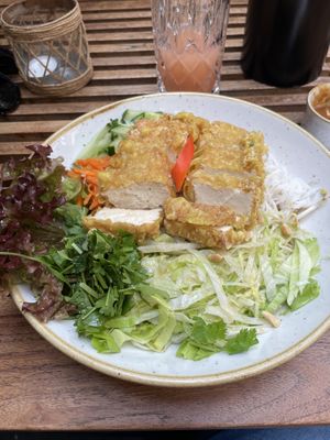 Rice noodles with crispy tofu, cucumber and lettuce  at Comai - East in Frankfurt