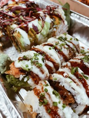 Veggie lover roll (front) & veggie monster roll pictured (back)  at AMORE in Chicago