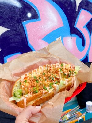 Vegan hot dog of course  at Fanjara - ფანჯარა in Batumi