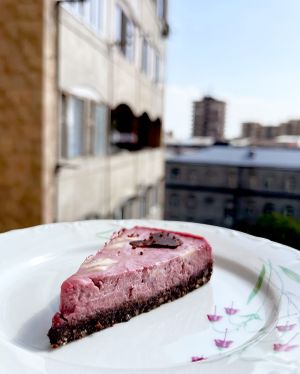 🍒 Raw vegan cherry cashew cake with walnut chocolate base is a delicate berry cheesecake on a crispy chocolate biscuit. at Gluten-free Bakery in Yerevan