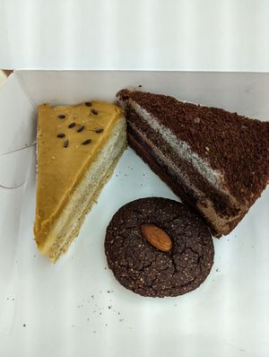 Vegan "honey" cake, chocolate cake and cookie. at Gluten-free Bakery in Yerevan
