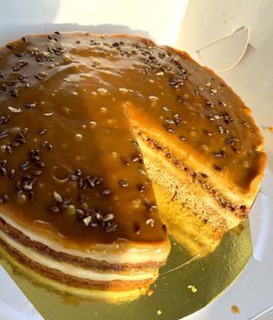 Vegan Medovik ("Honey" cake) with sea ​​buckthorn caramel at Gluten-free Bakery in Yerevan