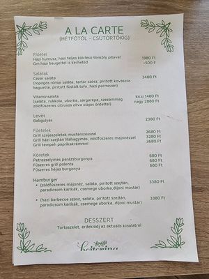 Food menu at Bojtorina Vegan Kitchen in Sopron