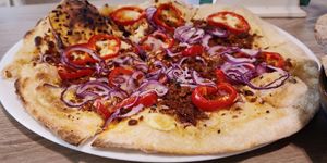 Hungarian pizza. The BEST! at Bojtorina Vegan Kitchen in Sopron