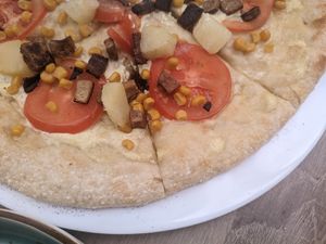 "Pizza" with pineapple at Bojtorina Vegan Kitchen in Sopron