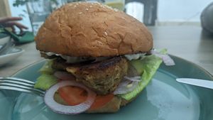 Seitan burger at Bojtorina Vegan Kitchen in Sopron
