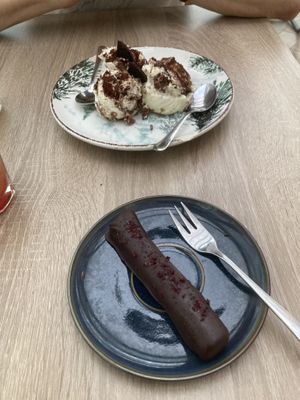 Tiramisu and curd chocolate dessert  at Bojtorina Vegan Kitchen in Sopron