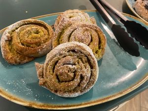 Pistachio snail pastry  at Bojtorina Vegan Kitchen in Sopron