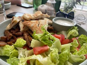 Homemade seitan gyros with pita and salad  at Bojtorina Vegan Kitchen in Sopron