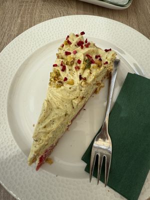 Pistachio raspberry cake   at Bojtorina Vegan Kitchen in Sopron