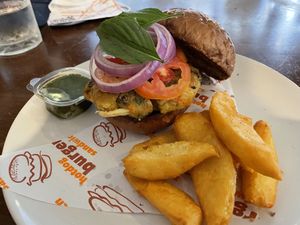 Mixed vegetable vegan burger, 129 baht  at Heaven Burger in Chiang Rai