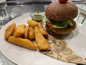 Mixed bean burger with hummus, with pesto instead of hummus, 169 baht  at Heaven Burger in Chiang Rai