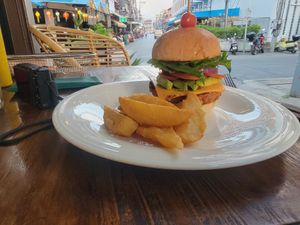 Nice burger not many chips at Heaven Burger in Chiang Rai