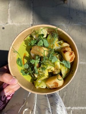 polenta, courgette and pea at Tendril in London