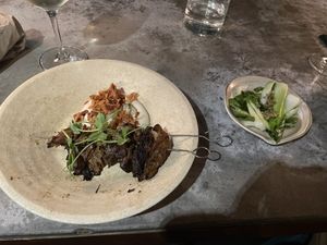 Mushroom skewers with artichoke dip and pak choi   at Tendril in London