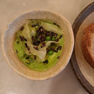 Pea puree with pickled cucumber at Tendril in London
