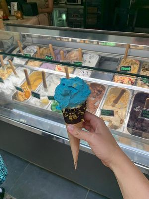 smurf cone icreame. the cone was delicious too. at Madonna Vegan in Barcelona