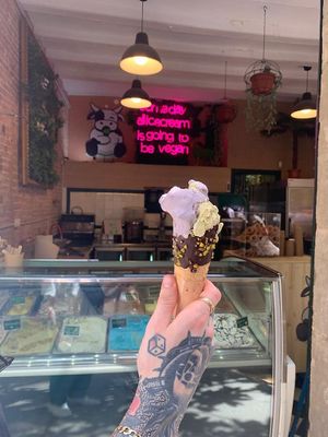 pistachio and violet icreame on chocolate cone.  at Madonna Vegan in Barcelona