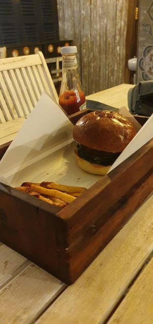 Mushroom burger with fries on the side. So delicious!! at Wat Bong in Siem Reap
