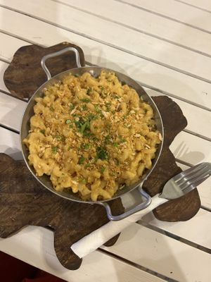 Delicious vegan mac and cheese  at Wat Bong in Siem Reap