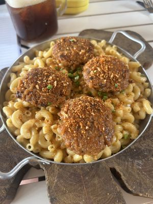 Mac & cheese with vegan meatballs   at Wat Bong in Siem Reap