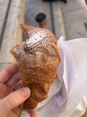 Lovely vegan croissant filled with nut cream (vegan ofc) and oat cappuccino. Delish  at Viola Bakery in Siracusa