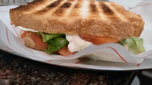 Vegan toast with cashew cheese, tomatoes, salad and vegan mayo at Bar Trattoria Splendor in Noli