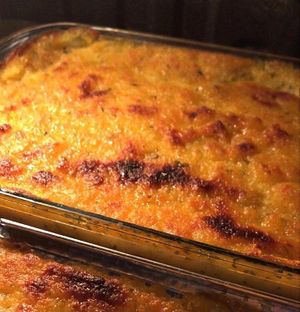 Pastel de choclo con carne de soya. / Pastel de choclo (corn pie?) with soy meat. at La Portentosa in Vitacura