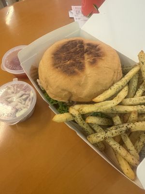 Vegan chicken burger with fries and a small salad   at Sala - Avenue K in Kuala Lumpur