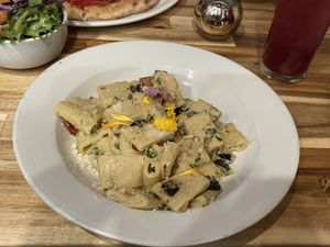 Rigatoni with artichoke cream sauce, eggplant, sun dried tomatoes.   at Lilla in Portland