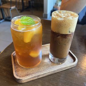 Peach tea and shaken coffee  at Viet Family - The Vegan House in Vancouver