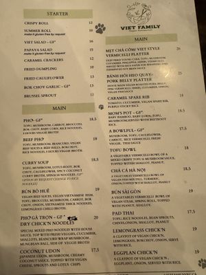 Dinner menu  at Viet Family - The Vegan House in Vancouver