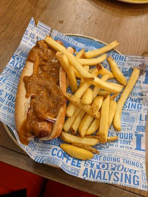 Vegan hot dog with curry sauce & fries, with strawberry smoothie at Bob & Berts in Dumfries